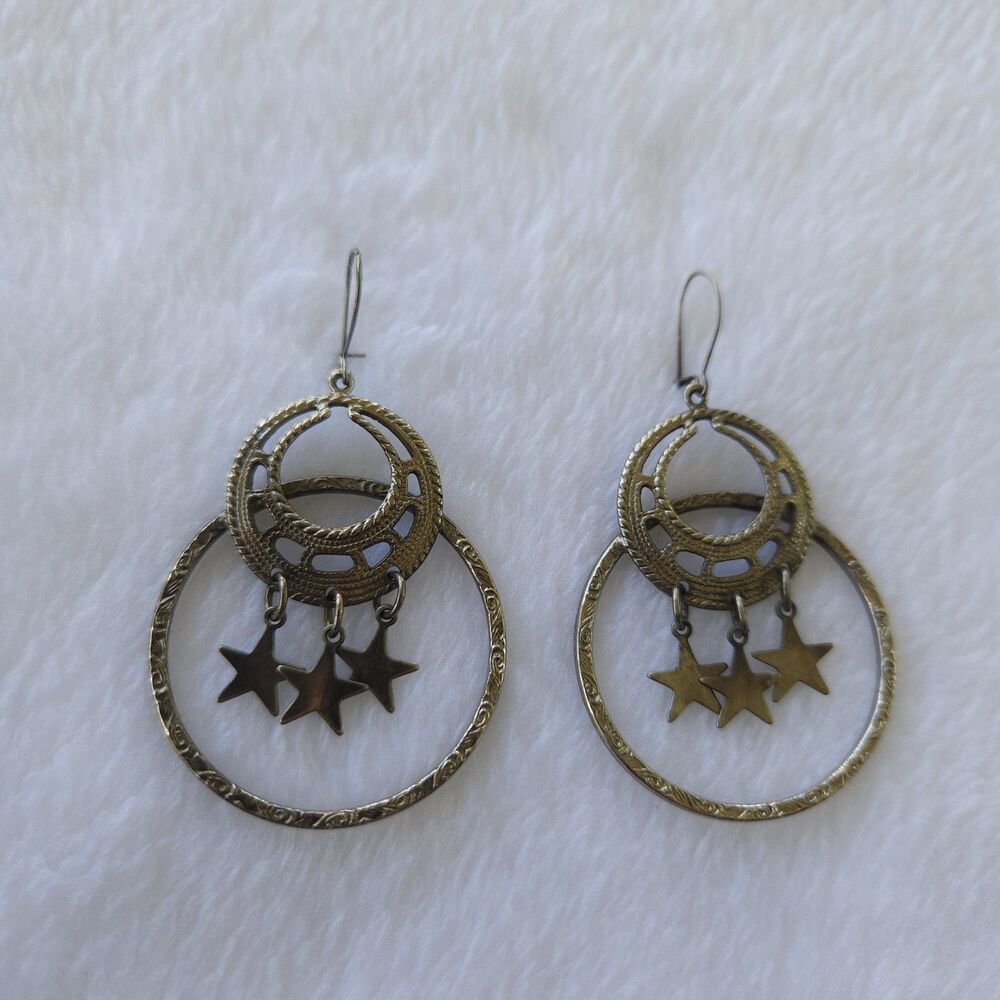Vintage Western Boho Star Hoop Dangle Earrings Statement Cowgirl 2.5"